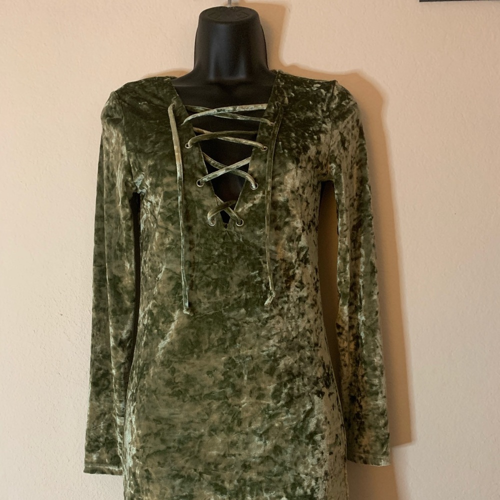 Velvet green deep V lace up dress